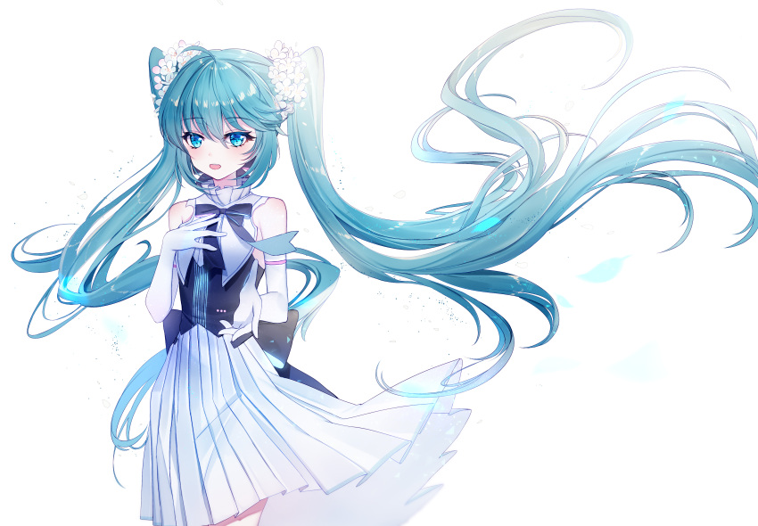 1girl :d absurdres bangs baocaizi bare_shoulders black_shirt blue_eyes blush elbow_gloves eyebrows_visible_through_hair flower gloves green_hair hair_between_eyes hair_flower hair_ornament hand_up hatsune_miku highres long_hair looking_at_viewer open_mouth pleated_skirt shirt skirt sleeveless sleeveless_shirt smile solo standing twintails upper_teeth very_long_hair vocaloid white_background white_flower white_gloves white_skirt