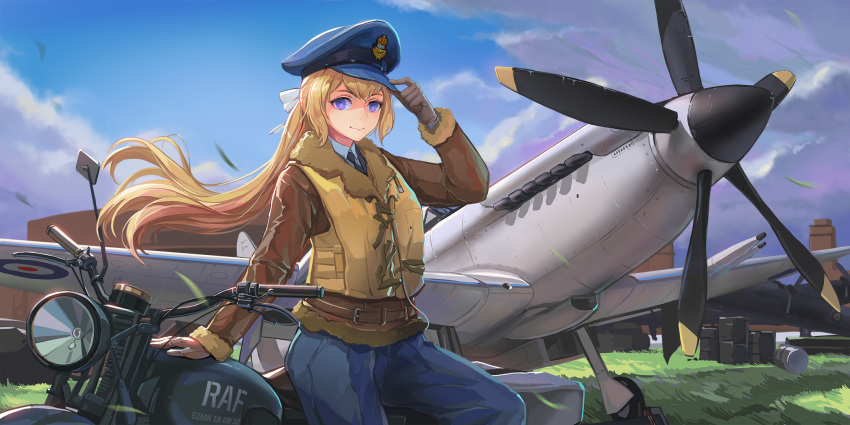 1girl adjusting_clothes adjusting_hat aircraft blonde_hair bomber_jacket chinese_commentary commentary_request dress_shirt ground_vehicle hair_ornament hair_ribbon hangar hat highres jacket long_hair military military_uniform motor_vehicle motorcycle necktie original peaked_cap ribbon shirt sima_naoteng solo spitfire_(airplane) uniform violet_eyes world_war_ii
