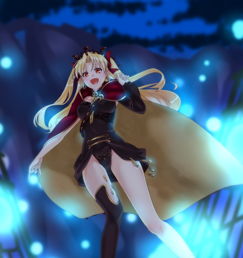 1girl :d asymmetrical_legwear black_legwear black_leotard blonde_hair bow cape diadem earrings ereshkigal_(fate/grand_order) eyebrows_visible_through_hair fate/grand_order fate_(series) floating_hair from_below hair_between_eyes hair_bow highres jewelry leotard long_hair looking_at_viewer mai_(maika_04) night open_mouth outdoors red_bow red_eyes smile solo standing thigh-highs tohsaka_rin twintails