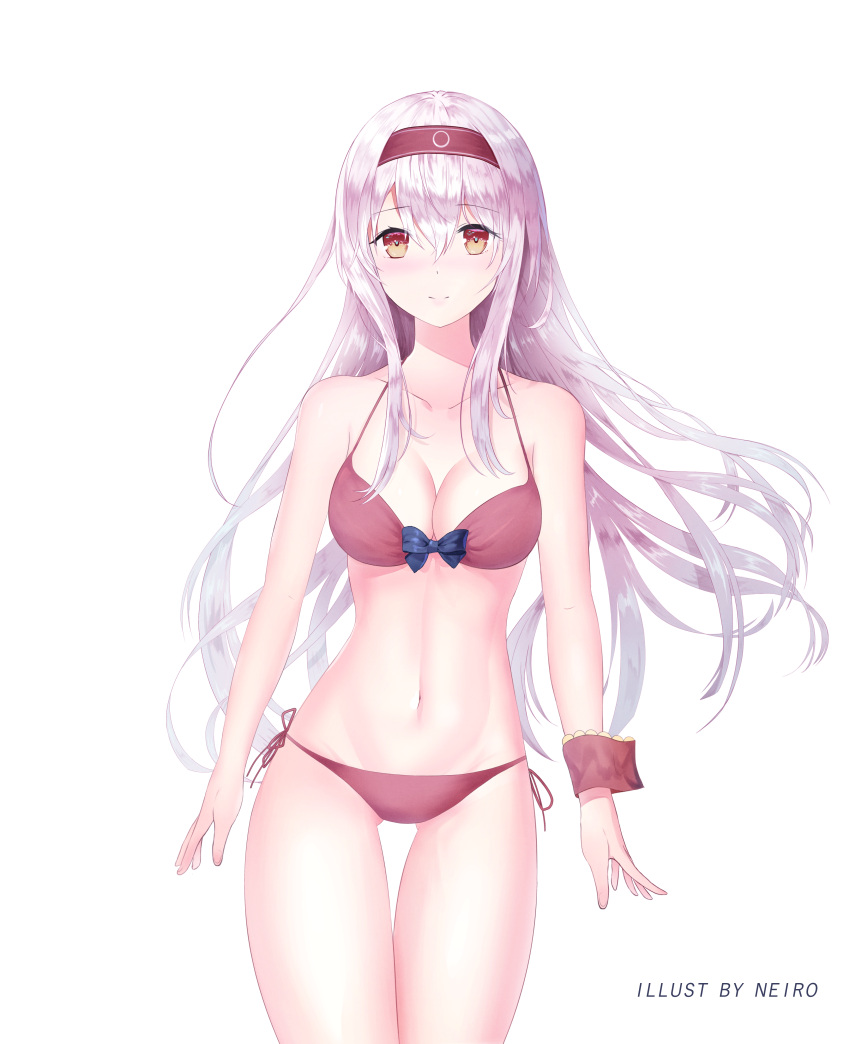 1girl absurdres bikini breasts brown_eyes cleavage collarbone hairband highres kantai_collection long_hair looking_at_viewer neiless_neiro shoukaku_(kantai_collection) silver_hair simple_background smile solo swimsuit