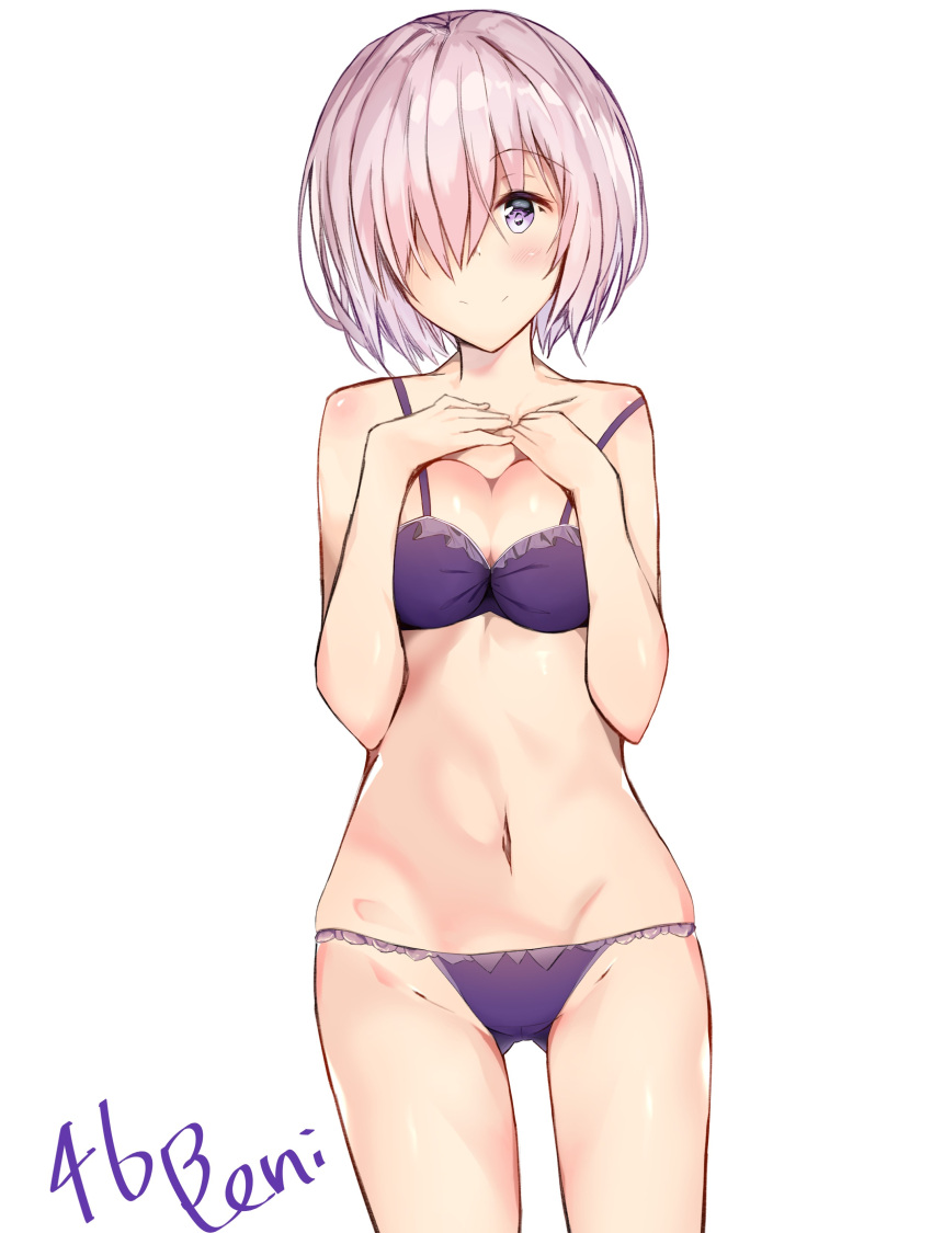 1girl absurdres blush bra breasts cleavage collarbone cowboy_shot eyebrows_visible_through_hair fate/grand_order fate_(series) groin hair_over_one_eye highres looking_at_viewer mash_kyrielight medium_breasts navel panties pink_hair purple_bra purple_panties shiny shiny_hair shiny_skin short_hair simple_background smile solo standing underwear underwear_only violet_eyes white_background yoro_kurenai