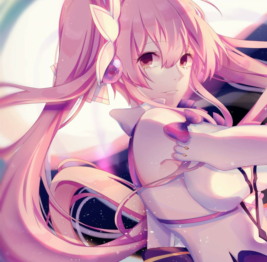 1girl aisha_(elsword) bow breasts brown_eyes character_request cleavage detached_sleeves elsword eyebrows_visible_through_hair floating_hair hair_between_eyes hair_ornament highres llg062666 long_hair looking_at_viewer medium_breasts parted_lips pink_hair purple_bow smile solo twintails upper_body very_long_hair