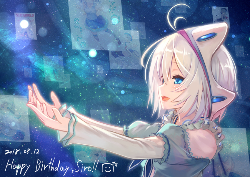 +++ 1girl :d bangs blue_dress blue_eyes blush brat character_name commentary_request dated dennou_shoujo_youtuber_shiro dress eyebrows_visible_through_hair from_side hair_between_eyes happy_birthday long_sleeves looking_away open_mouth outstretched_arms puffy_short_sleeves puffy_sleeves shiro_(dennou_shoujo_youtuber_shiro) shirt short_over_long_sleeves short_sleeves silver_hair smile solo upper_teeth virtual_youtuber white_shirt