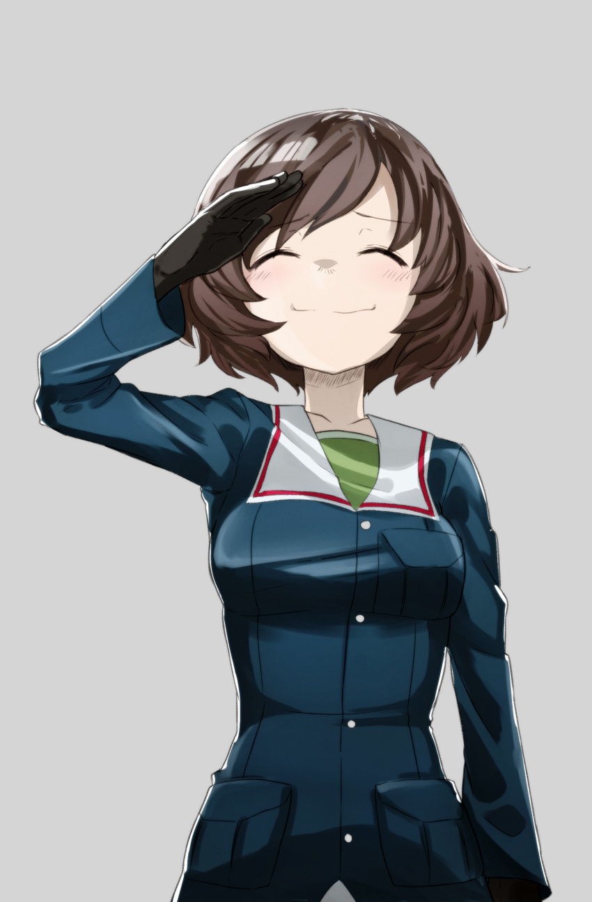 1girl absurdres akiyama_yukari brown_hair closed_mouth da-dang eyebrows_visible_through_hair girls_und_panzer grey_background highres long_sleeves military military_uniform ooarai_military_uniform salute short_hair simple_background smile solo uniform wavy_mouth