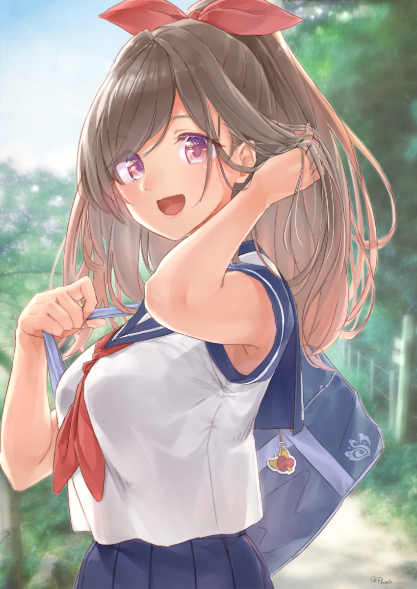 1girl :d adjusting_hair armpits backpack bag bangs blue_skirt bow breasts brown_eyes brown_hair commentary_request eyebrows_visible_through_hair hair_bow highres holding_strap idolmaster idolmaster_shiny_colors large_breasts long_hair looking_at_viewer neckerchief open_mouth outdoors pekoni_(peconi) pleated_skirt ponytail ribbon sailor_collar school_bag school_uniform serafuku shirt short_sleeves shoulder_bag skirt smile solo standing tree tsukioka_kogane white_shirt