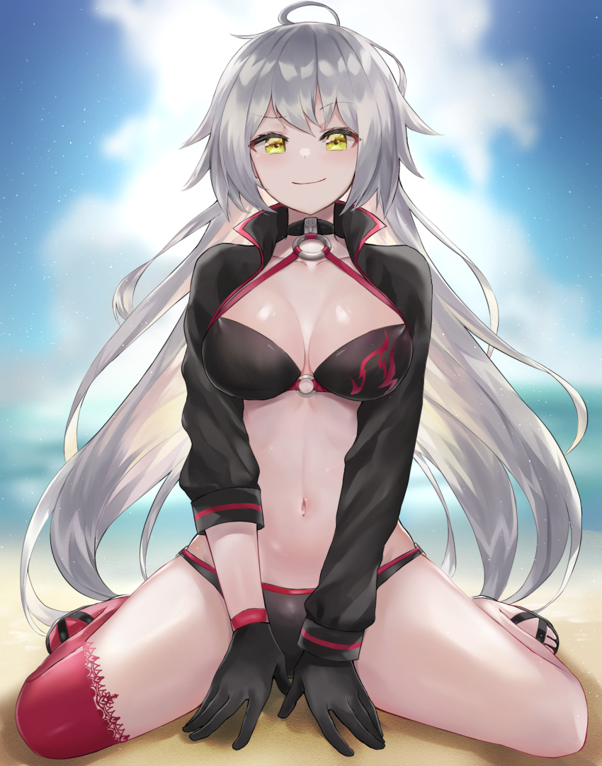 1girl beach bikini black_bikini black_gloves blue_sky breasts cleavage closed_mouth clouds commentary_request day eyebrows_visible_through_hair fate/grand_order fate_(series) gloves highres jeanne_d'arc_(alter_swimsuit_berserker) jeanne_d'arc_(fate)_(all) long_hair long_sleeves looking_at_viewer medium_breasts navel o-ring o-ring_bikini ocean red_legwear rice_(okome_no_naru_ki) silver_hair single_thighhigh sky smile solo swimsuit thigh-highs yellow_eyes