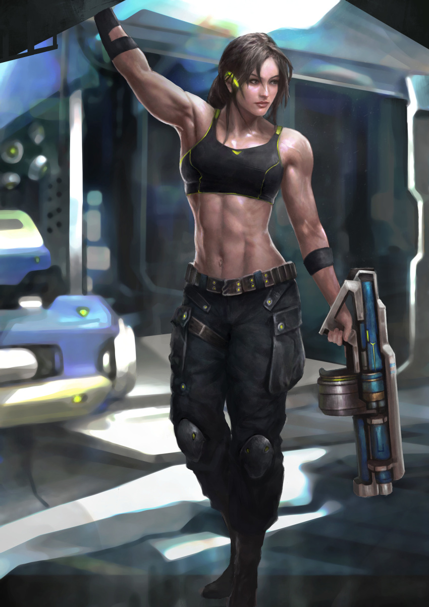 1girl abs absurdres arm_up battle_rifle black_hair breasts cargo_pants cover_image earpiece full_body gun headset highres knee_pads lips long_hair low_ponytail midriff muscle muscular_female navel nose omu_upied original pants realistic rifle science_fiction small_breasts solo sports_bra standing weapon wristband