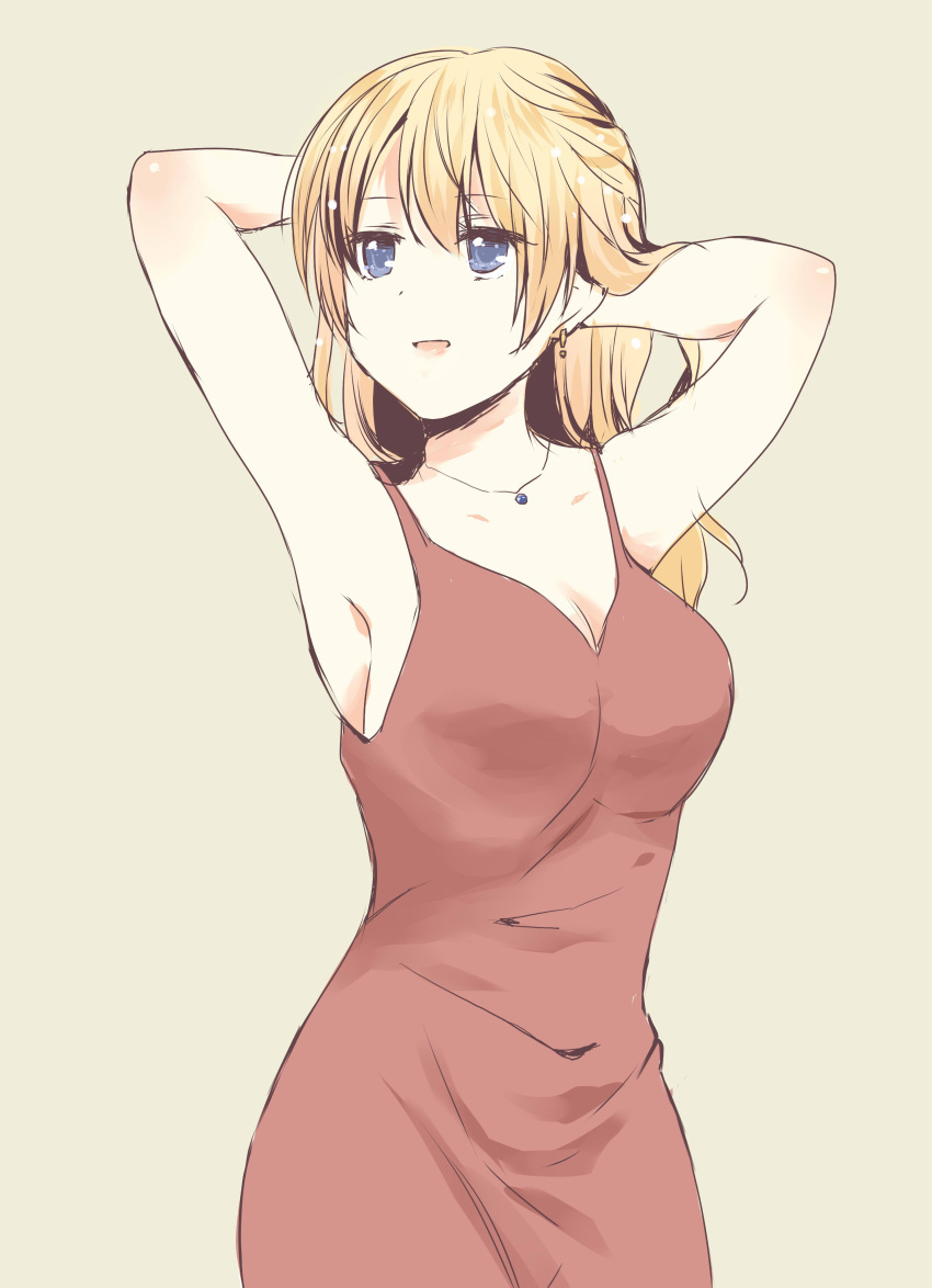 1girl absurdres alternate_hairstyle armpits arms_behind_head bangs blonde_hair blue_eyes breasts brown_background cleavage commentary_request crazymonkey0500 darjeeling dress earrings eyebrows_visible_through_hair formal girls_und_panzer hair_down hands_in_hair highres jewelry long_hair looking_at_viewer mature medium_breasts necklace older open_mouth red_dress simple_background smile solo spaghetti_strap standing upper_body