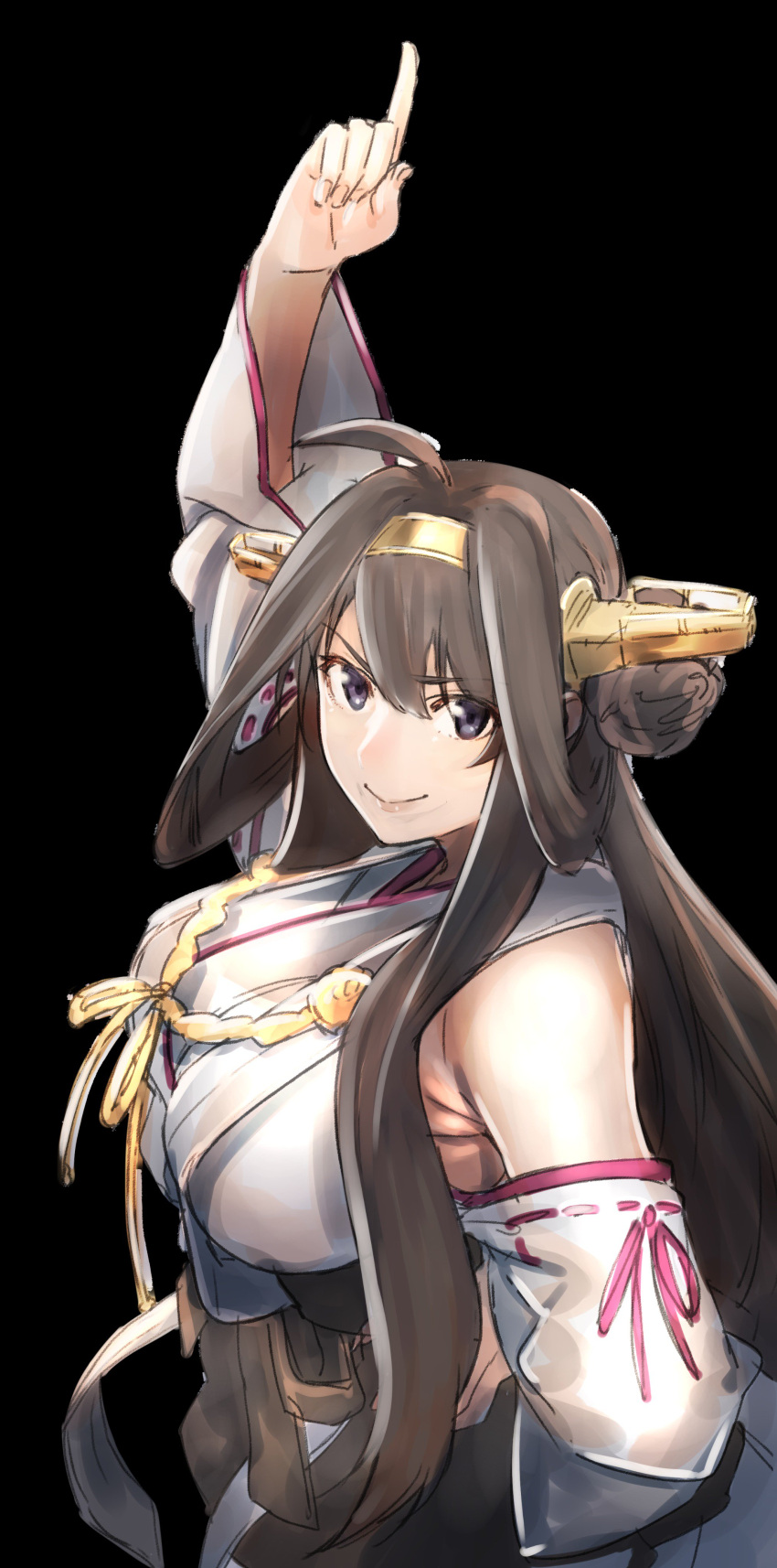 1girl absurdres ahoge black_background brown_eyes brown_hair detached_sleeves double_bun hairband highres japanese_clothes kantai_collection kongou_(kantai_collection) kujuu_shikuro lips long_hair looking_at_viewer nontraditional_miko pointing pointing_up ribbon-trimmed_sleeves ribbon_trim simple_background solo