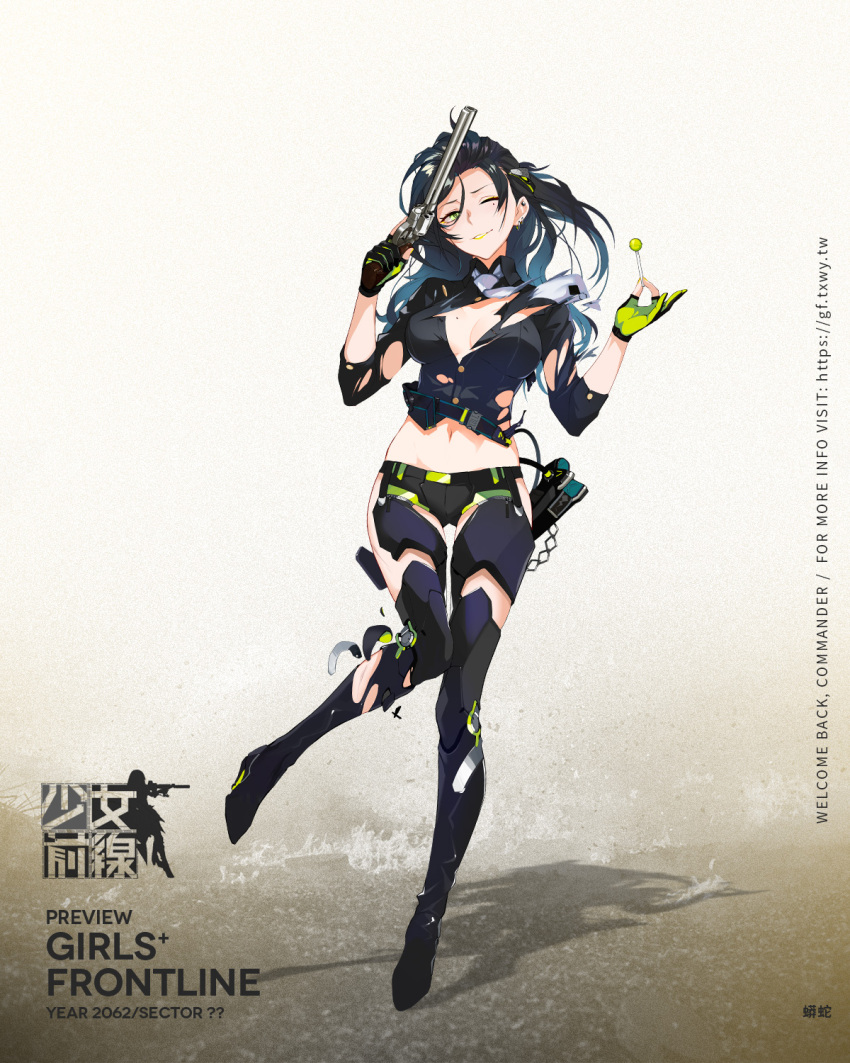 1girl arm_strap badge bangs black_hair black_shirt black_shorts blue_hair boots breasts buttons candy chains character_name closed_mouth clothes_writing collared_shirt colt_python copyright_name earrings eyeshadow food full_body girls_frontline gloves gradient_hair green_eyes green_lips green_nails gun hair_between_eyes hair_ornament handgun high_heel_boots high_heels highres holding holding_food holding_gun holding_lollipop holding_weapon holster hoop_earrings injury jewelry large_breasts leg_armor logo lollipop long_hair looking_at_viewer makeup midriff mole mole_on_breast mole_under_eye multicolored multicolored_clothes multicolored_gloves multicolored_hair multiple_earrings nail_polish navel necktie no_bra official_art one_eye_closed partly_fingerless_gloves python_(girls_frontline) realmbw revolver shirt short_shorts shorts shoulder_pads side_slit side_slit_shorts sidelocks sleeves_folded_up smile solo stomach strap stud_earrings thigh-highs thigh_boots torn_clothes trigger_discipline wavy_hair weapon white_neckwear