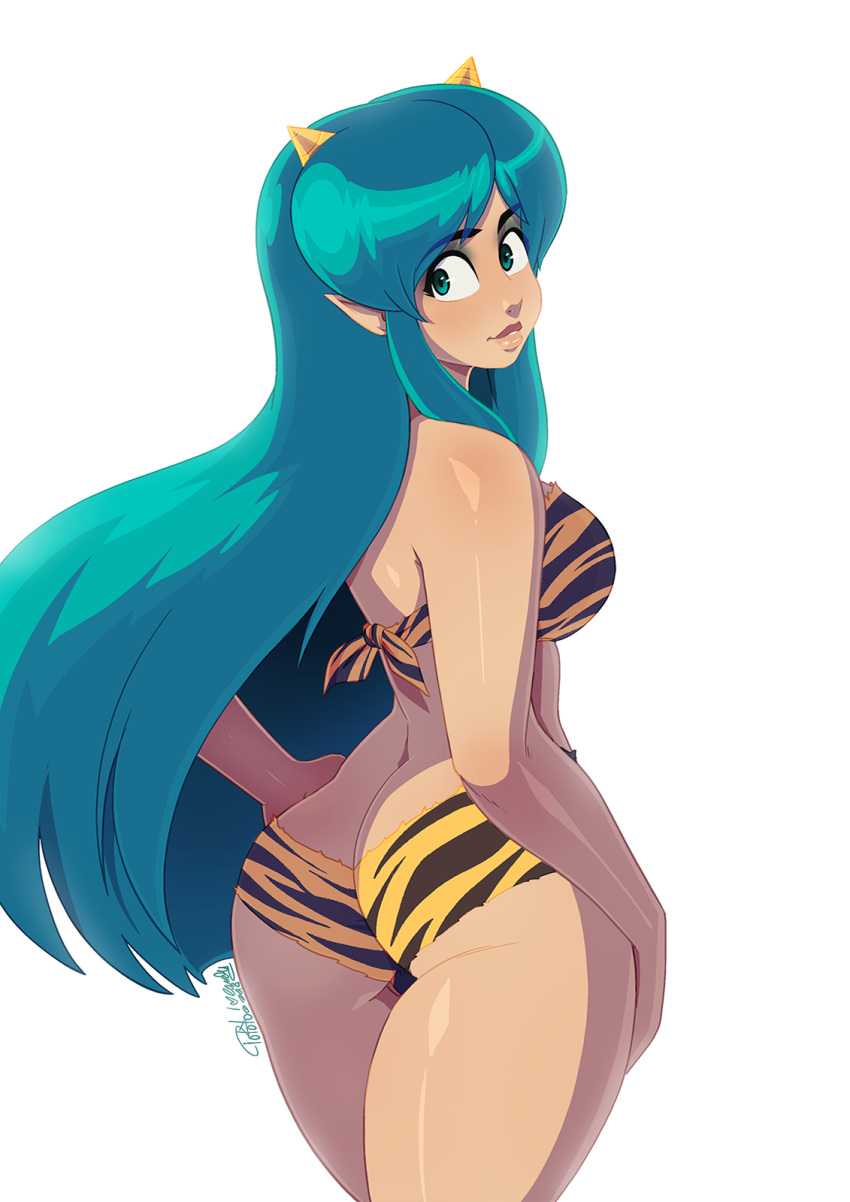 1girl alien animal_print aqua_eyes aqua_hair ass bikini breasts butt_crack cowboy_shot from_behind highres lips long_hair looking_at_viewer looking_back lum medium_breasts oni_horns parted_lips pointy_ears sidelocks signature simple_background smile solo swimsuit tovio_rogers urusei_yatsura very_long_hair white_background