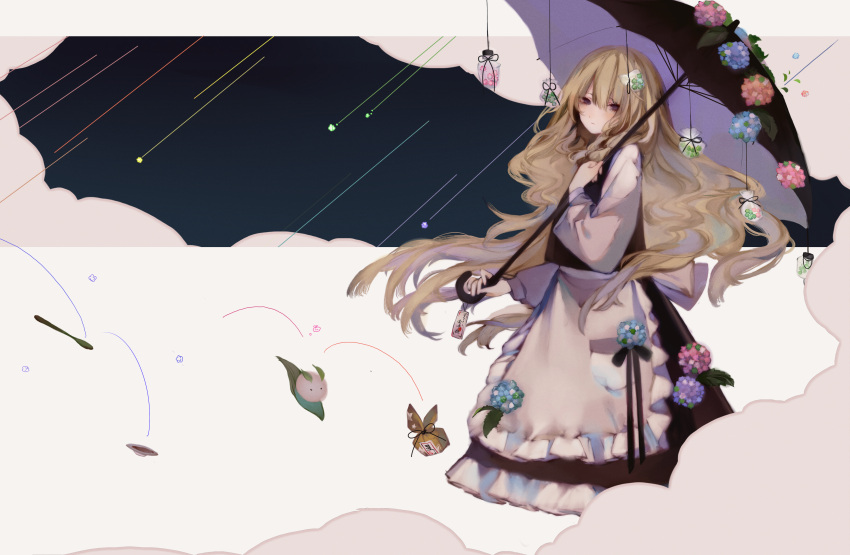 absurdres black_ribbon blonde_hair bowl clouds commentary_request creature dress expressionless flower grey_eyes hair_ornament highres kirisame_marisa leaf long_hair looking_at_viewer package parasol ribbon shooting_star spoon string touhou umbrella zhixie_jiaobu