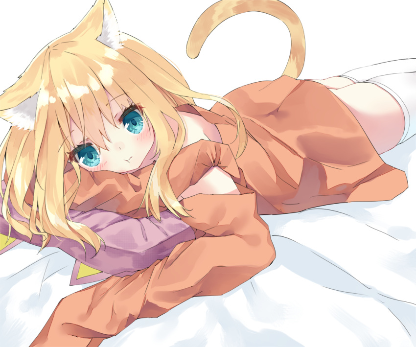 1girl :t animal_ears aqua_eyes bangs bare_shoulders bed_sheet blonde_hair blush cat_ears cat_girl cat_tail closed_mouth commentary_request eyebrows_visible_through_hair hair_between_eyes hamaru_(s5625t) head_tilt long_hair long_sleeves looking_at_viewer lying off_shoulder on_stomach orange_shirt original pillow pout shirt sleeves_past_fingers sleeves_past_wrists solo tail tail_raised thigh-highs white_legwear
