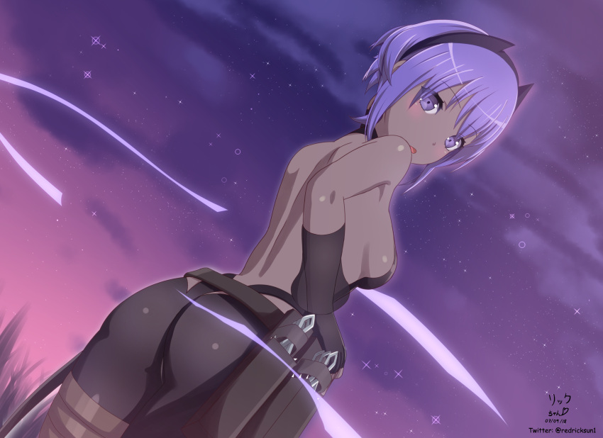 1girl absurdres ass backless_outfit bandage bandaged_leg bandages bangs bare_back bare_shoulders belt black_bodysuit black_gloves black_hairband blush bob_cut bodysuit breasts clouds cloudy_sky commentary dark_skin dated dutch_angle elbow_gloves eyebrows_visible_through_hair fate/prototype fate/prototype:_fragments_of_blue_and_silver fate_(series) fingerless_gloves from_behind gloves hairband hassan_of_serenity_(fate) highres hoshizora_rick looking_at_viewer looking_back loose_belt medium_breasts night night_sky open_mouth outdoors purple_hair purple_sky short_hair signature sky solo standing star_(sky) starry_sky twitter_username violet_eyes