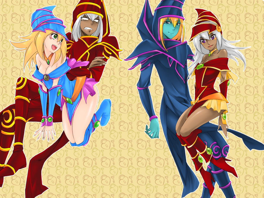 ass bare_shoulders blonde_hair blue_eyes blue_footwear blush_stickers bm_(natakus) boots breasts choker cleavage commentary_request dark_magician dark_magician_girl dark_skin duel_monster green_eyes hat large_breasts long_hair multiple_boys multiple_girls open_mouth pentacle skirt smile wizard_hat yu-gi-oh! yuu-gi-ou yuu-gi-ou_duel_monsters