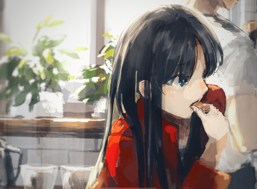 1boy 1girl black_hair blue_eyes eating emiya_shirou fate/stay_night fate_(series) food highres holding holding_food indoors kitchen koromoya_kai long_hair open_mouth plant profile shirt solo_focus tohsaka_rin white_shirt window