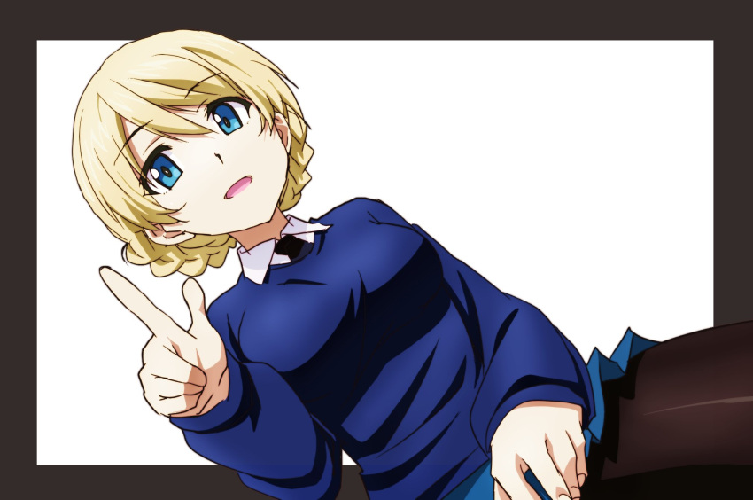 1girl bangs black_border black_legwear black_neckwear blonde_hair blue_eyes blue_skirt blue_sweater border braid commentary cwind darjeeling dress_shirt dutch_angle eyebrows_visible_through_hair girls_und_panzer highres long_sleeves looking_at_viewer miniskirt necktie open_mouth pantyhose pleated_skirt pointing pointing_up school_uniform shirt short_hair sitting skirt smile solo sweater tied_hair twin_braids v-neck white_shirt