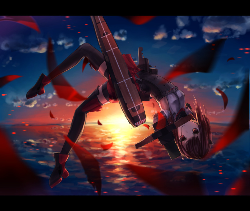1girl aiming_at_viewer bike_shorts bow_(weapon) brown_eyes brown_hair crossbow dusk flat_chest full_body headband headgear holding holding_crossbow holding_weapon kantai_collection long_sleeves looking_at_viewer munuu pleated_skirt red_skirt short_hair skirt solo taihou_(kantai_collection) thigh-highs weapon