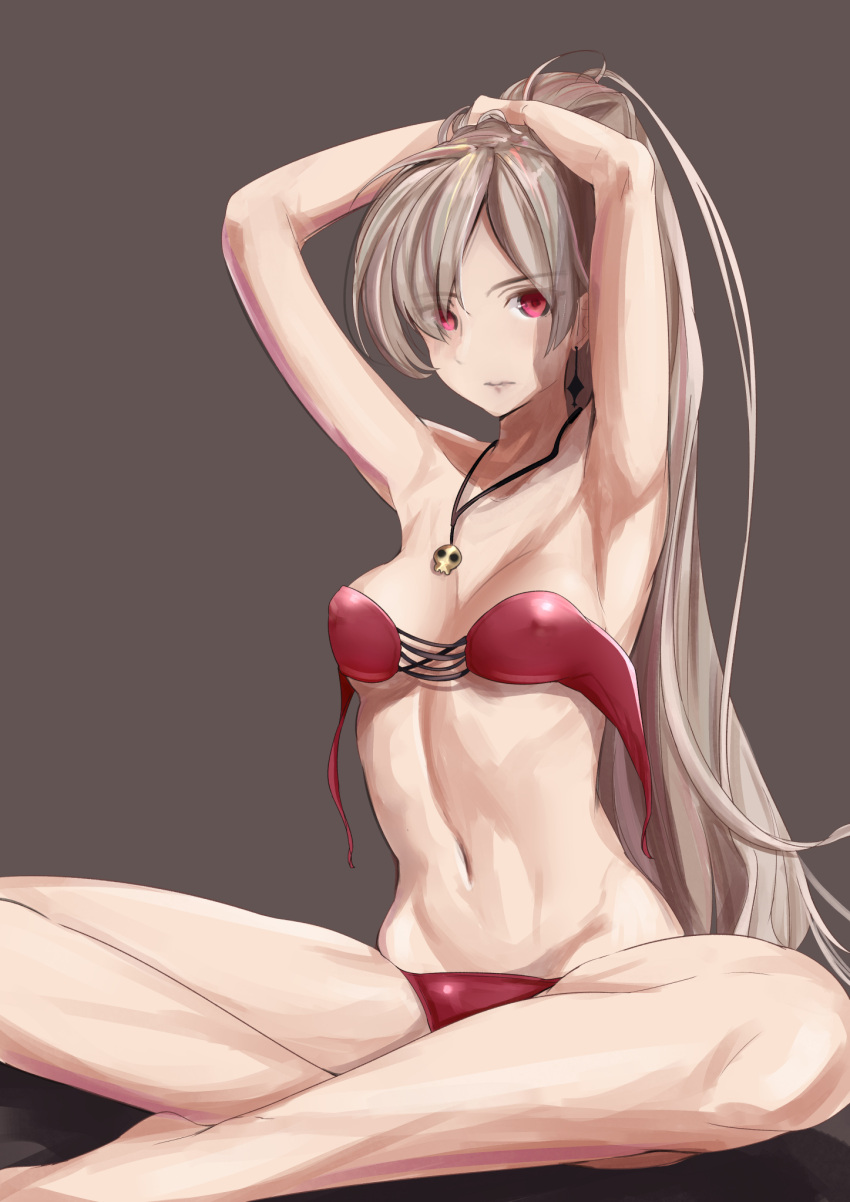 1girl armpits arms_behind_head arms_up azur_lane bangs bare_arms bare_legs bare_shoulders barefoot bikini breasts breasts_apart closed_mouth collarbone commentary_request covered_nipples earrings eyebrows_visible_through_hair eyes_visible_through_hair full_body grey_background groin highres indian_style jean_bart_(azur_lane) jewelry light_brown_hair long_hair looking_at_viewer medium_breasts midriff navel ponytail red_bikini red_eyes schreibe_shura simple_background sitting skull skull_necklace solo stomach strapless strapless_bikini swimsuit tying_hair untied untied_bikini untied_bikini_top
