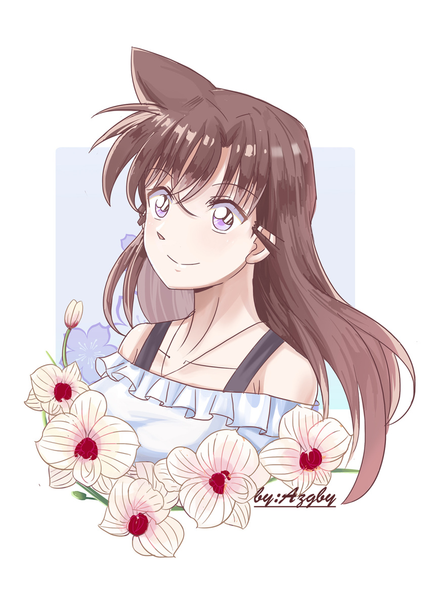 1girl artist_name azgby brown_eyes brown_hair collarbone eyebrows_visible_through_hair floating_hair flower hair_between_eyes highres jewelry long_hair meitantei_conan mouri_ran necklace off-shoulder_shirt shiny shiny_hair shirt simple_background smile solo upper_body white_background white_flower white_shirt