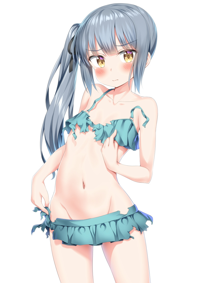 1girl absurdres adapted_costume bangs blue_hair blush collarbone commentary_request embarrassed flat_chest groin highres kantai_collection kasumi_(kantai_collection) long_hair looking_away navel nedia_(nedia_region) side_ponytail solo swimsuit torn_bikini torn_clothes white_background yellow_eyes