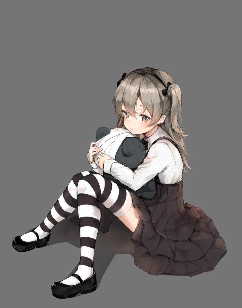 1girl black_hairband black_skirt boko_(girls_und_panzer) broche_(timpet) brown_hair commentary_request eyebrows_visible_through_hair full_body girls_und_panzer grey_background hairband highres horizontal-striped_legwear horizontal_stripes long_hair long_sleeves pout pouty_lips shimada_arisu shirt simple_background sitting skirt solo striped striped_legwear stuffed_animal stuffed_toy teddy_bear thigh-highs white_shirt