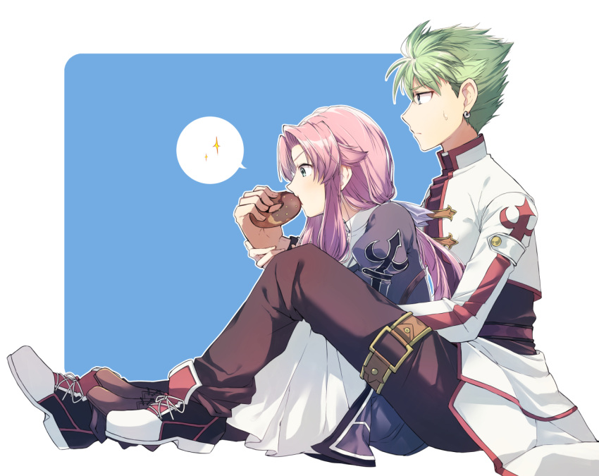 1boy 1girl blue_background blue_eyes cross-laced_footwear doughnut earrings eating eiyuu_densetsu food green_eyes green_hair habit hand_grab jacket jewelry kevin_graham knees_up long_hair pants pink_hair ponytail profile ries_argent shirt shoes short_hair sidelocks simple_background sitting sneakers sora_no_kiseki spiky_hair spoken_sparkle sweatdrop tekutonbo thigh_strap two-tone_background white_background