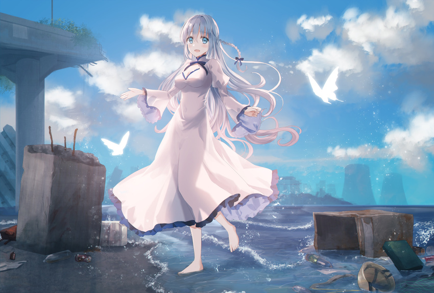 1girl :d bangs barefoot blue_bow blue_eyes blue_sky blush bottle bow braid breasts bridge bug butterfly can chihuri clouds cloudy_sky commentary_request concrete day dress eyebrows_visible_through_hair hair_between_eyes hair_bow helmet highres insect juliet_sleeves long_hair long_sleeves looking_at_viewer medium_breasts open_mouth original outdoors puffy_sleeves see-through_silhouette silver_hair single_braid sky smile solo standing standing_on_one_leg toenails trash very_long_hair water_bottle white_dress wide_sleeves