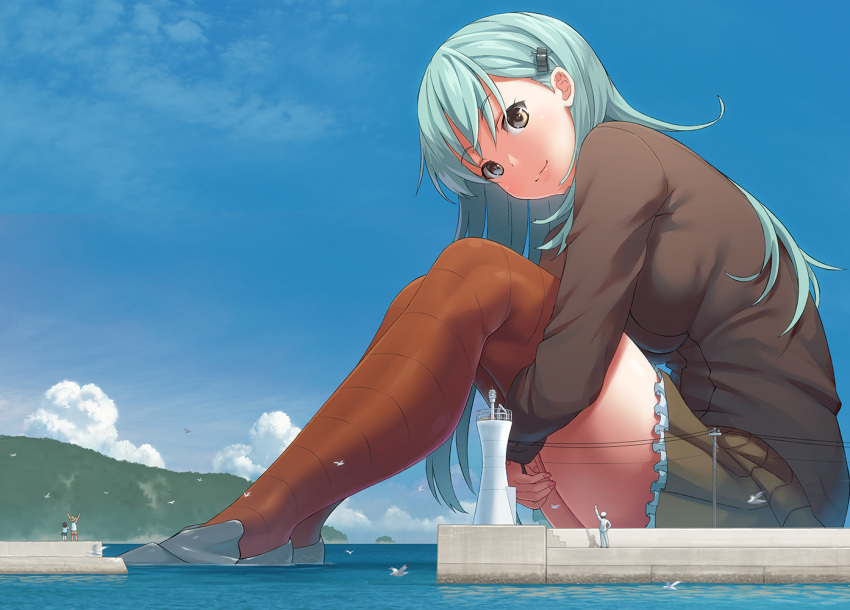 2boys 2girls admiral_(kantai_collection) aqua_hair arm_up bird breasts brown_eyes brown_skirt closed_mouth day frilled_skirt frills giantess hair_ornament hairclip hat kantai_collection kuro_oolong large_breasts leg_hug lighthouse long_hair long_sleeves looking_at_viewer military military_uniform multiple_boys multiple_girls nail_polish naval_uniform ocean outdoors pier pleated_skirt seagull sitting size_difference skirt smile solo_focus suzuya_(kantai_collection) thigh-highs uniform
