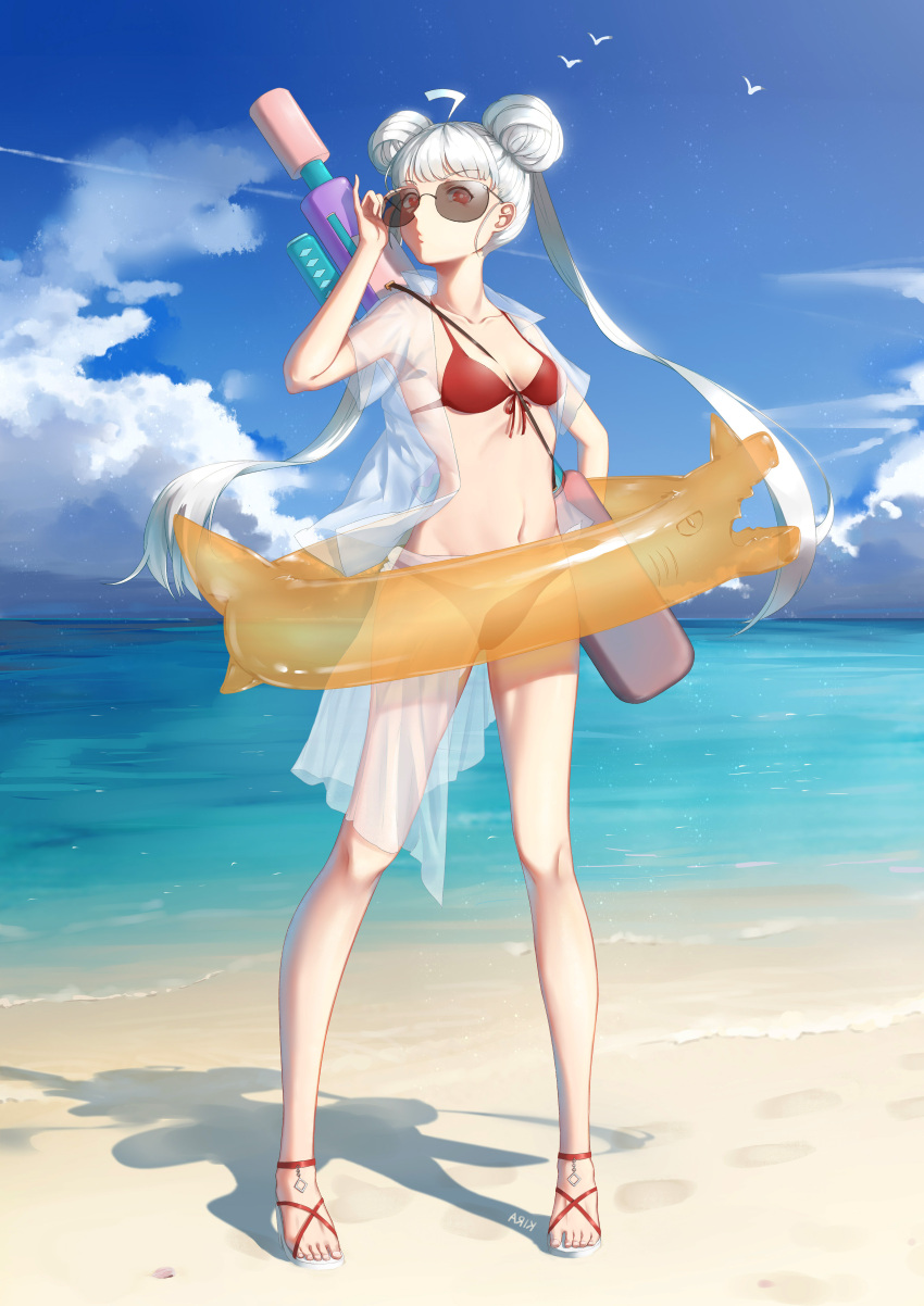 1girl absurdres adjusting_eyewear ahoge artist_name bangs beach between_breasts bikini bikini_under_clothes bird blue_sky breasts clouds collarbone collared_shirt commentary_request condensation_trail day double_bun eyebrows_visible_through_hair footprints front-tie_bikini front-tie_top full_body groin highres horizon innertube jiliang_jiying_yumao long_hair looking_at_viewer medium_breasts navel ocean original outdoors red_bikini red_eyes sand sandals sarong see-through shadow shirt sky solo standing sunglasses swimsuit twintails very_long_hair water water_gun white_hair
