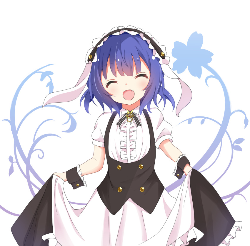 1girl :d ^_^ absurdres animal_ears apron black_hairband black_skirt blue_hair blush center_frills closed_eyes closed_eyes commentary_request ears_down facing_viewer fang fleur_de_lapin_uniform floppy_ears frilled_hairband frills gochuumon_wa_usagi_desu_ka? hairband highres jouga_maya kousaka_nobaku open_mouth puffy_short_sleeves puffy_sleeves rabbit_ears shirt short_sleeves skirt smile solo underbust uniform waist_apron waitress white_apron white_shirt wrist_cuffs