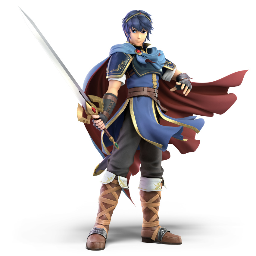 1boy 3d absurdres armor blue_eyes blue_hair cape falchion_(fire_emblem) fire_emblem fire_emblem:_mystery_of_the_emblem fire_emblem_heroes full_body gloves highres intelligent_systems male_focus marth nintendo official_art short_hair solo super_smash_bros. super_smash_bros._ultimate sword tiara weapon