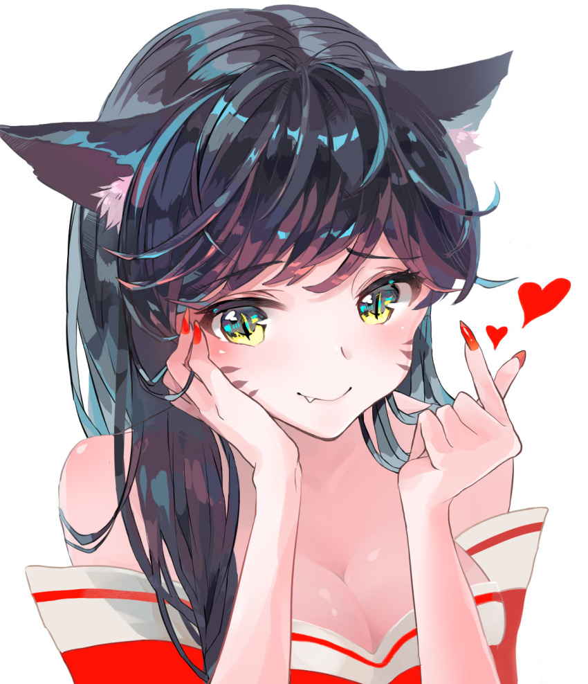 1girl ahri animal_ears bare_shoulders black_hair breasts cleavage closed_mouth commentary_request eyebrows_visible_through_hair fox_ears heart highres league_of_legends long_hair looking_at_viewer medium_breasts nail_polish red_nails slit_pupils smile solo upper_body usagi_(3828164) whisker_markings yellow_eyes