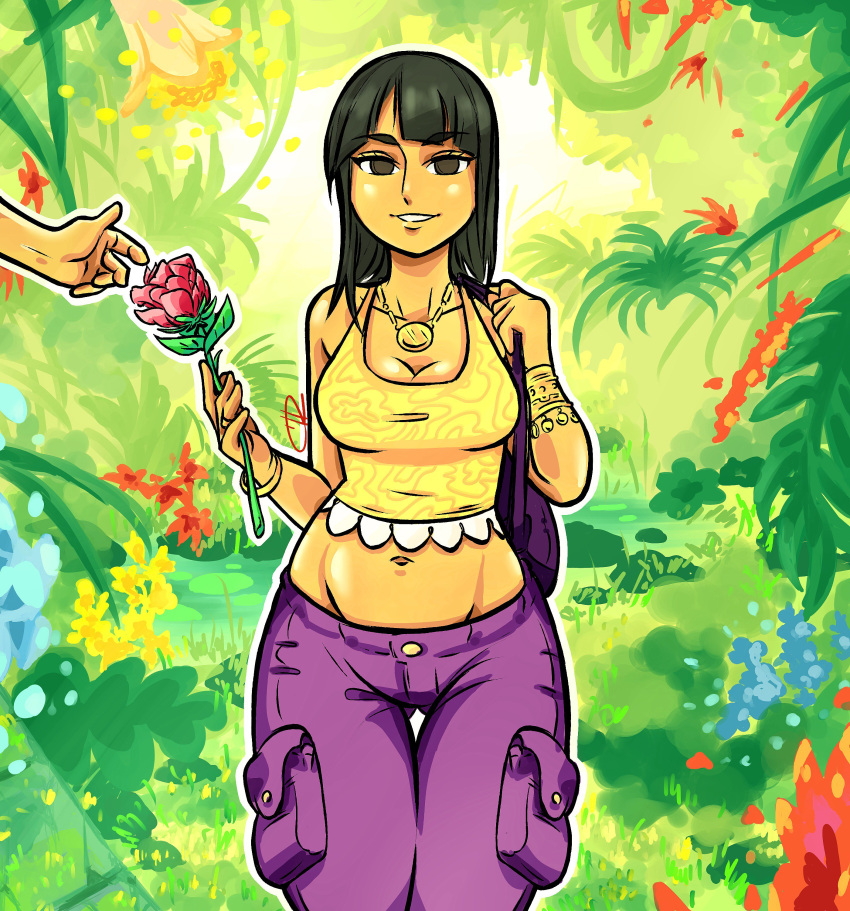1girl absurdres ass_visible_through_thighs bag bangs bare_arms bare_shoulders black_hair breasts brown_eyes buttons chris_rozary cleavage collarbone cowboy_shot crop_top day extra_arms eyebrows_visible_through_hair flower groin hands_up highres holding holding_flower jewelry long_hair looking_at_viewer medium_hair midriff navel nico_robin one_piece outdoors pants parted_lips pendant pouch purple_pants red_flower red_rose ring rose shoulder_bag smile solo standing stomach tank_top taut_clothes thigh_gap