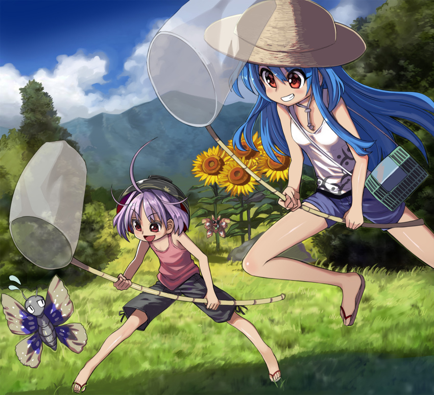 2girls :d ahoge alternate_costume bangs bare_arms bare_legs bare_shoulders black_shorts blue_hair blue_sky blush bowl bowl_hat breasts brown_footwear brown_hat bug butterfly butterfly_net cage casual clouds commentary_request contemporary day denim denim_shorts eyebrows_visible_through_hair flat_chest flower flying_sweatdrops grass grin hair_between_eyes hand_net hat highres hinanawi_tenshi holding insect long_hair mountain multiple_girls nature open_mouth outdoors pink_tank_top red_eyes rock sandals shope short_hair short_shorts shorts single_sidelock sky small_breasts smile standing sukuna_shinmyoumaru sunflower tank_top thighs touhou tree very_long_hair white_tank_top