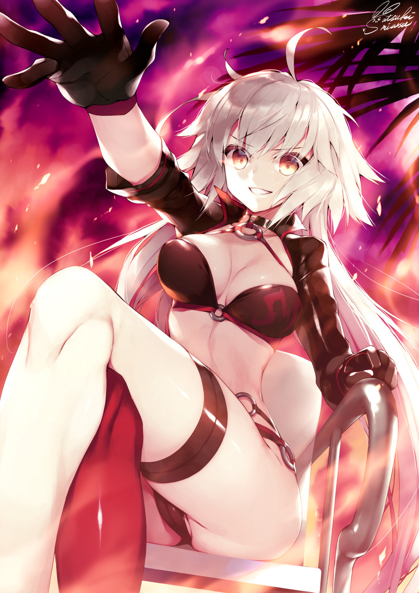 1girl absurdres ahoge bikini black_bikini black_jacket breasts choker cleavage commentary_request eyebrows_visible_through_hair fate/grand_order fate_(series) hair_between_eyes highres jacket jeanne_d'arc_(alter_swimsuit_berserker) jeanne_d'arc_(fate)_(all) large_breasts long_hair looking_at_viewer o-ring satsuki_misuzu solo swimsuit yellow_eyes