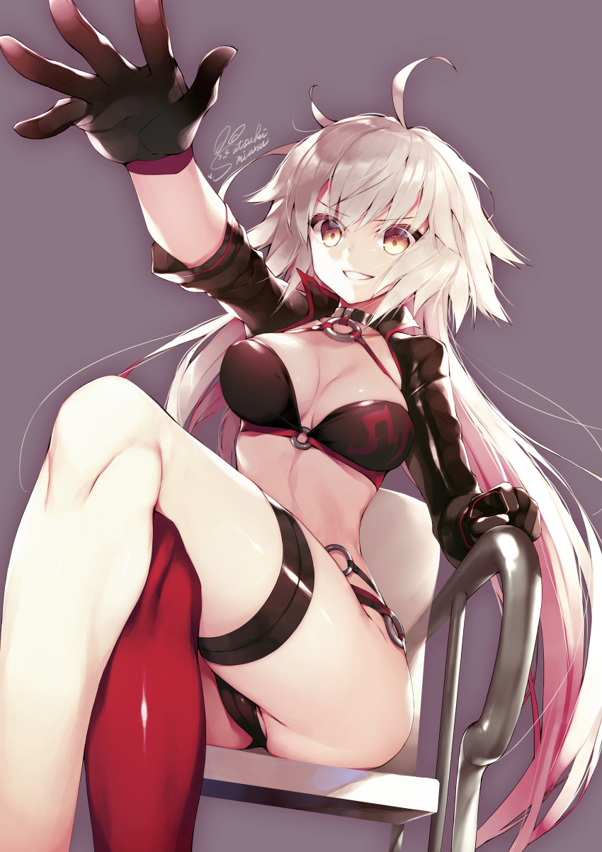 1girl absurdres ahoge bikini black_bikini black_jacket breasts choker cleavage commentary_request eyebrows_visible_through_hair fate/grand_order fate_(series) hair_between_eyes highres jacket jeanne_d'arc_(alter_swimsuit_berserker) jeanne_d'arc_(fate)_(all) large_breasts long_hair looking_at_viewer o-ring satsuki_misuzu solo swimsuit yellow_eyes