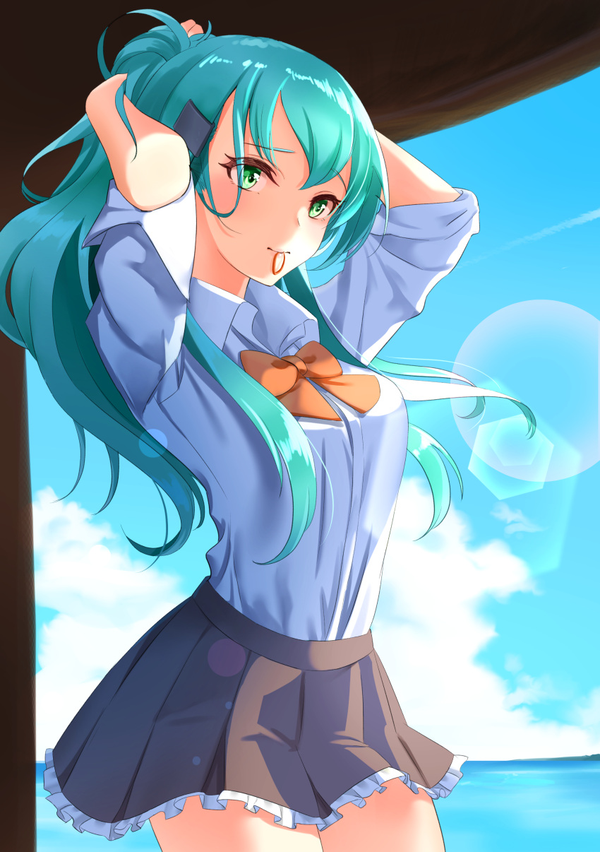1girl absurdres aqua_eyes aqua_hair arms_behind_head beach blue_sky breasts brown_skirt clouds cloudy_sky day hair_ornament hair_tie hair_up hairclip hairdressing highres kantai_collection long_hair looking_at_viewer mouth_hold neck_ribbon ocean orange_neckwear orange_ribbon pleated_skirt ponytail remodel_(kantai_collection) ribbon sakurahuji-iro school_uniform shirt skirt sky sleeves_rolled_up smile solo summer sun suzuya_(kantai_collection) water white_shirt