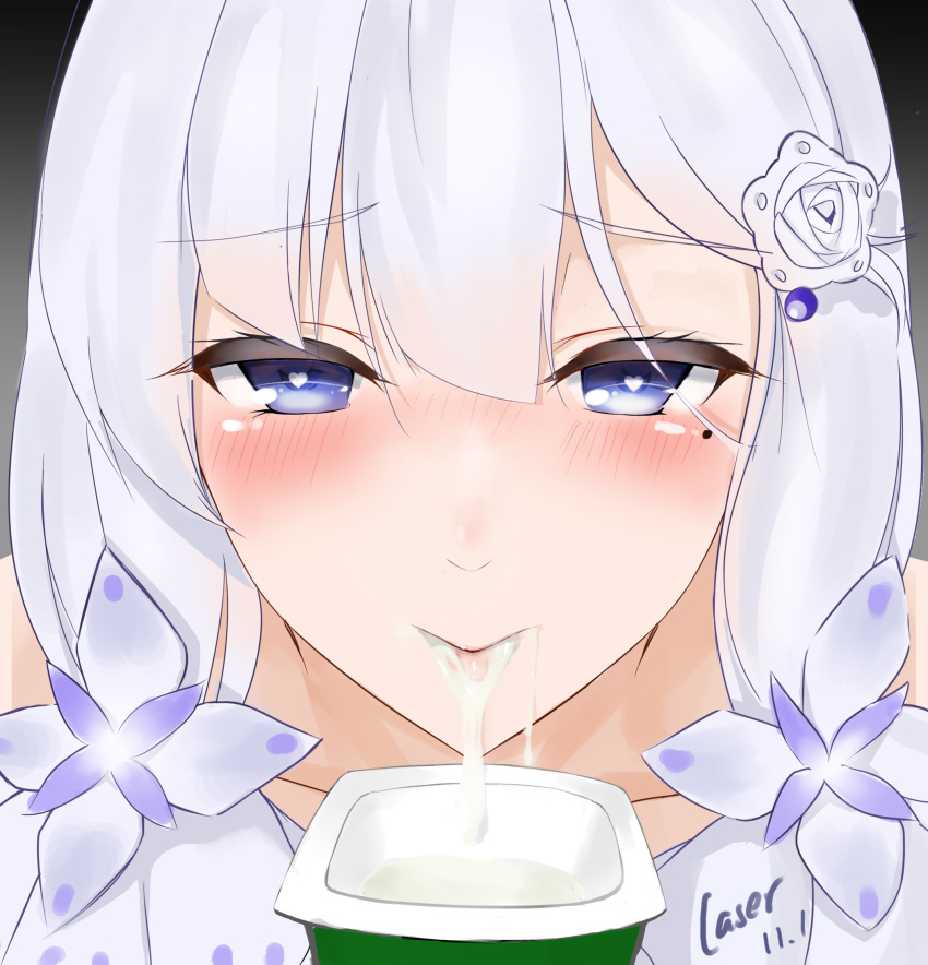1girl artist_name azur_lane blush dated eyebrows_visible_through_hair half-closed_eyes heart heart-shaped_pupils highres illustrious_(azur_lane) looking_at_viewer low_twintails mole mole_under_eye nose_blush rosaline solo symbol-shaped_pupils twintails violet_eyes white_hair yogurt