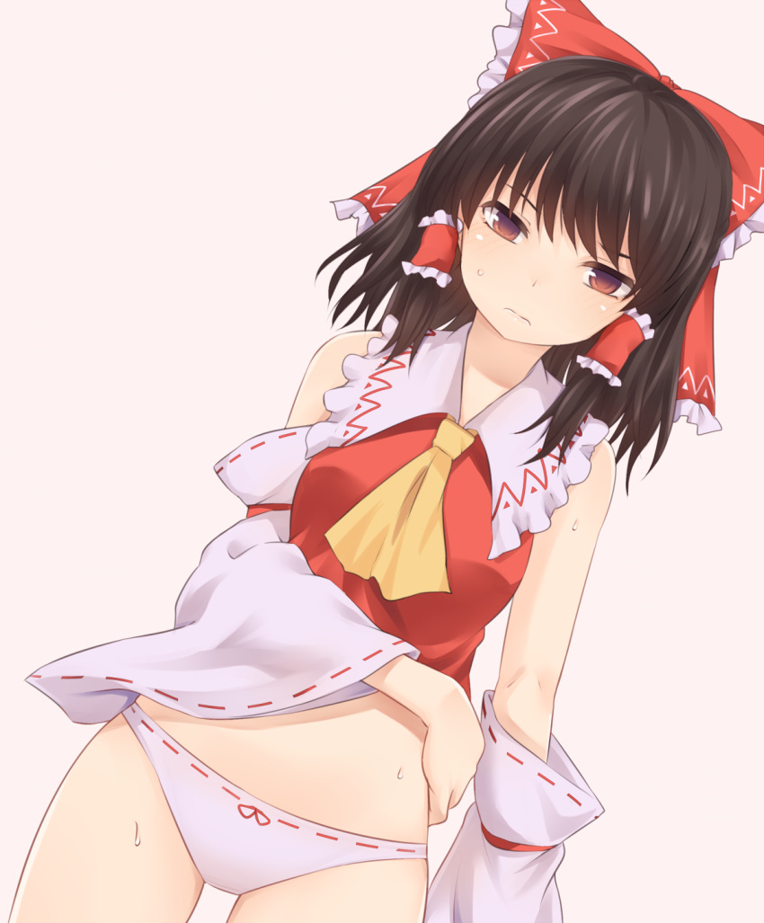 1girl ascot bangs bare_shoulders beige_background blush bow brown_eyes brown_hair commentary_request cowboy_shot detached_sleeves dutch_angle frilled_bow frilled_shirt_collar frills hair_bow hair_tubes hakurei_reimu highres long_sleeves looking_at_viewer medium_hair midriff miyo_(ranthath) no_pants panties red_bow ribbon-trimmed_panties ribbon-trimmed_sleeves ribbon_trim sidelocks simple_background solo standing sweat touhou underwear white_panties wide_sleeves yellow_neckwear