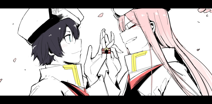 1boy 1girl absurdres bangs black_hair blue_eyes chicke_iii closed_eyes coat commentary_request couple darling_in_the_franxx eyebrows_visible_through_hair face-to-face facing_another fang hand_up hat hetero highres hiro_(darling_in_the_franxx) letterboxed limited_palette long_hair long_sleeves looking_at_another military military_uniform peaked_cap petals pink_hair short_hair uniform zero_two_(darling_in_the_franxx)