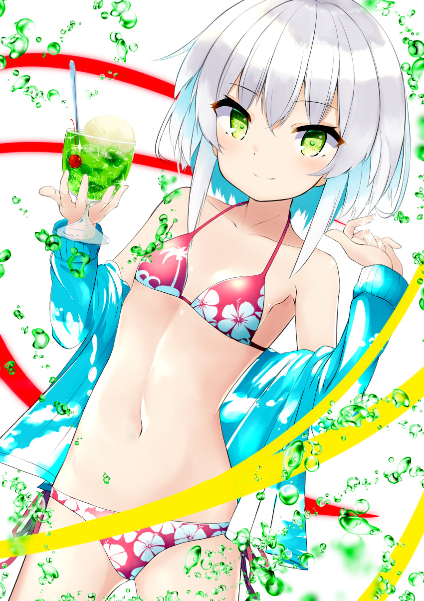 1girl absurdres bangs bare_shoulders bikini blue_jacket blush breasts cherry closed_mouth collarbone commentary_request cup cupping_glass drink drinking_glass drinking_straw eyebrows_visible_through_hair floral_print food fruit green_eyes hair_between_eyes halter_top halterneck hand_up highres jacket long_hair melon_soda odeclea off_shoulder open_clothes open_jacket original print_bikini red_bikini sidelocks silver_hair small_breasts smile solo sparkle swimsuit white_background