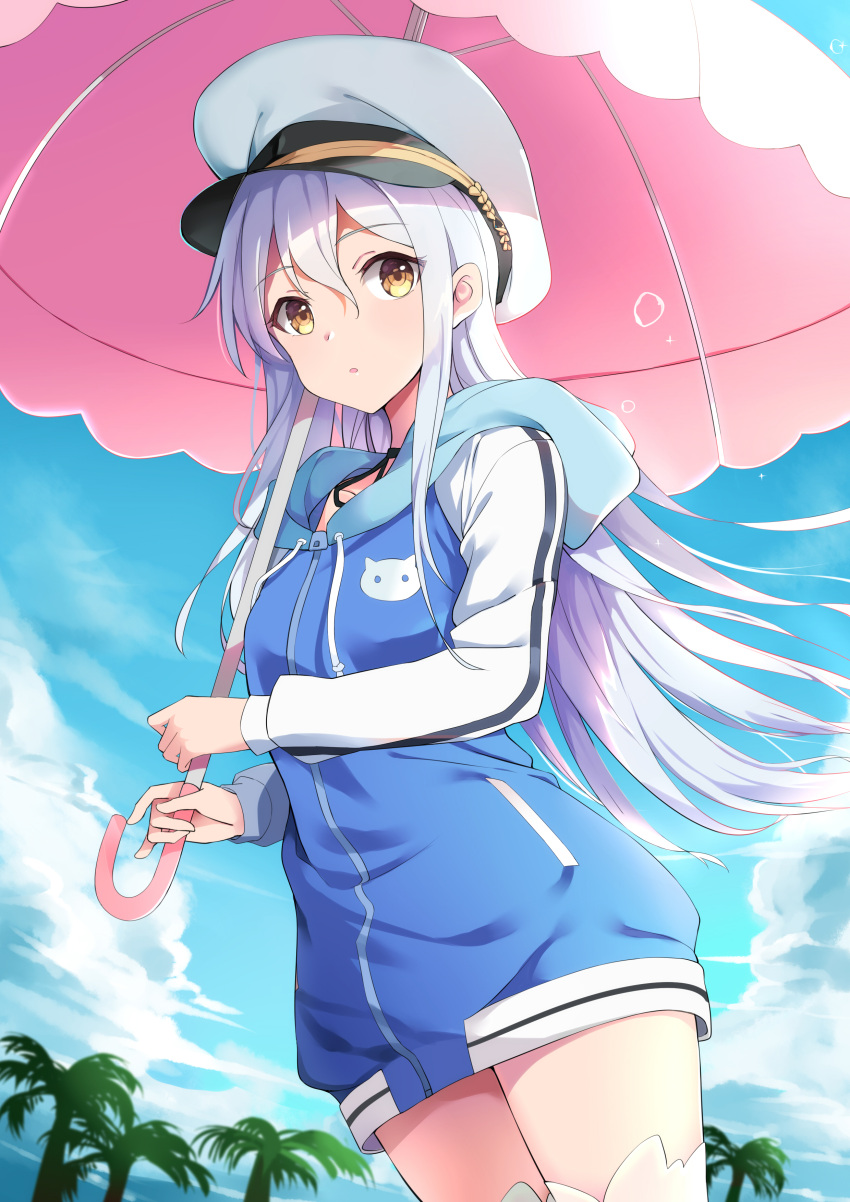 1girl absurdres bangs blue_hair blue_jacket blue_sky blush boots brown_eyes closed_mouth clouds commentary_request day eyebrows_visible_through_hair hair_between_eyes hat highres holding holding_umbrella hood hood_down hooded_jacket island_(game) jacket long_hair long_sleeves looking_away ohara_rinne outdoors peaked_cap pink_umbrella sky smile solo thighs tree umbrella user_nexz2257 white_footwear white_hat