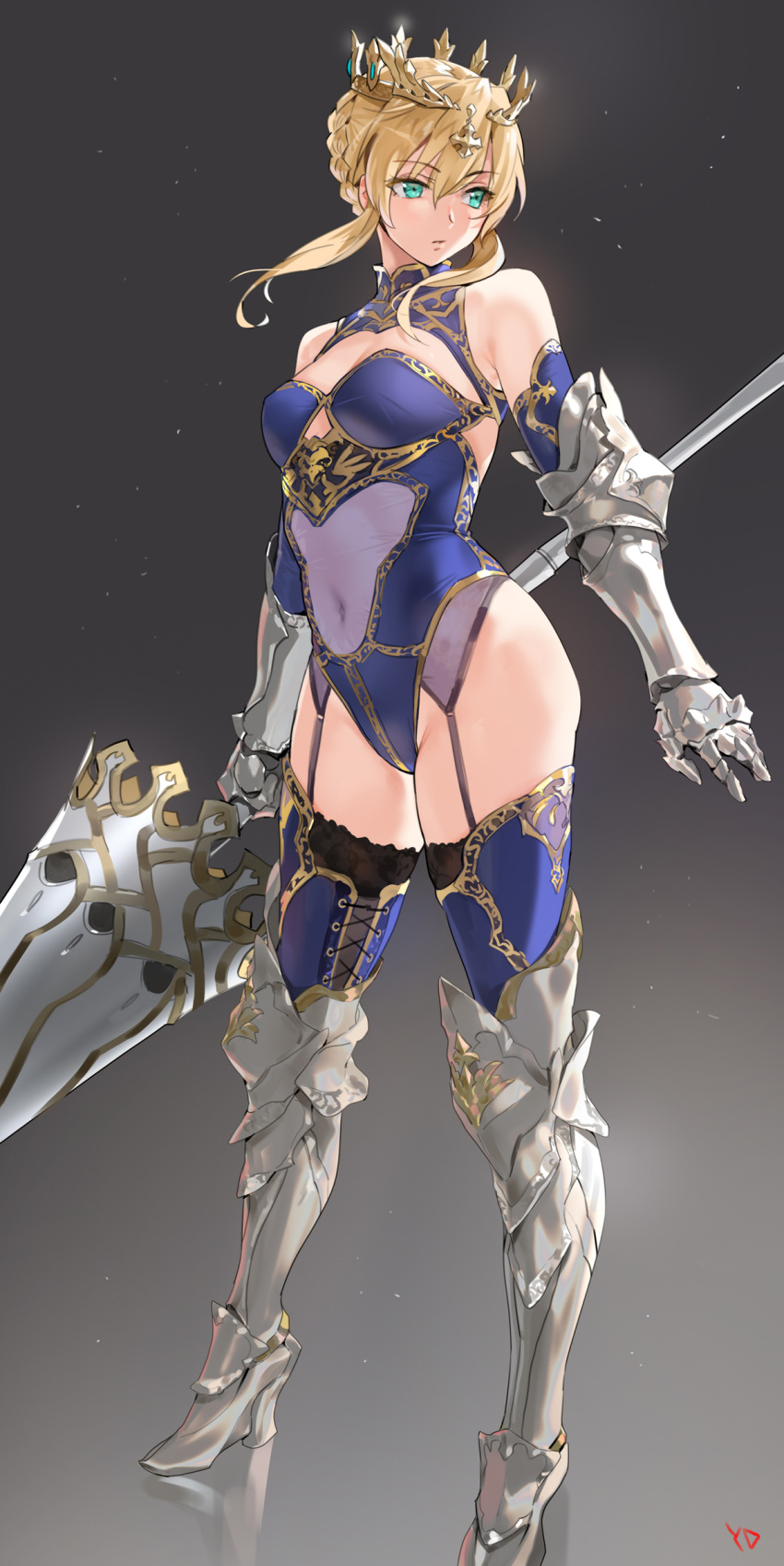 1girl ahoge armored_boots artoria_pendragon_(all) artoria_pendragon_(lancer) bangs bare_shoulders blonde_hair blue_legwear blue_leotard boots braid breasts commentary_request covered_navel crown fate/grand_order fate_(series) french_braid garter_straps gauntlets gradient gradient_background green_eyes hair_between_eyes highres hips knee_boots lance leotard looking_to_the_side medium_breasts parted_lips polearm rhongomyniad sidelocks solo thighs weapon yang-do