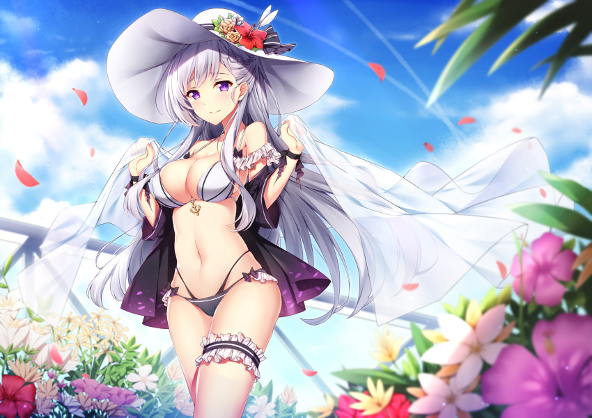 1girl azur_lane bangs belfast_(azur_lane) bikini black_bikini_bottom black_bow black_jacket blue_sky blush bow braid breasts cleavage closed_mouth clouds collarbone commentary_request day eyebrows_visible_through_hair fingernails flower hair_down halter_top halterneck hands_up hat hat_bow hat_flower highleg highleg_bikini highres holding jacket large_breasts leg_garter long_hair looking_at_viewer nail_polish navel off_shoulder open_clothes open_jacket outdoors petals pink_nails purple_flower red_flower silver_hair sky smile solo standing striped striped_bow sun_hat swimsuit transparent very_long_hair violet_eyes white_bikini_top white_flower white_hat yellow_flower yuxian_youka