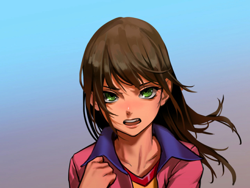 1girl as109 brown_hair collarbone gradient gradient_background green_eyes lips looking_at_viewer shoujo_to_ura_roji solo