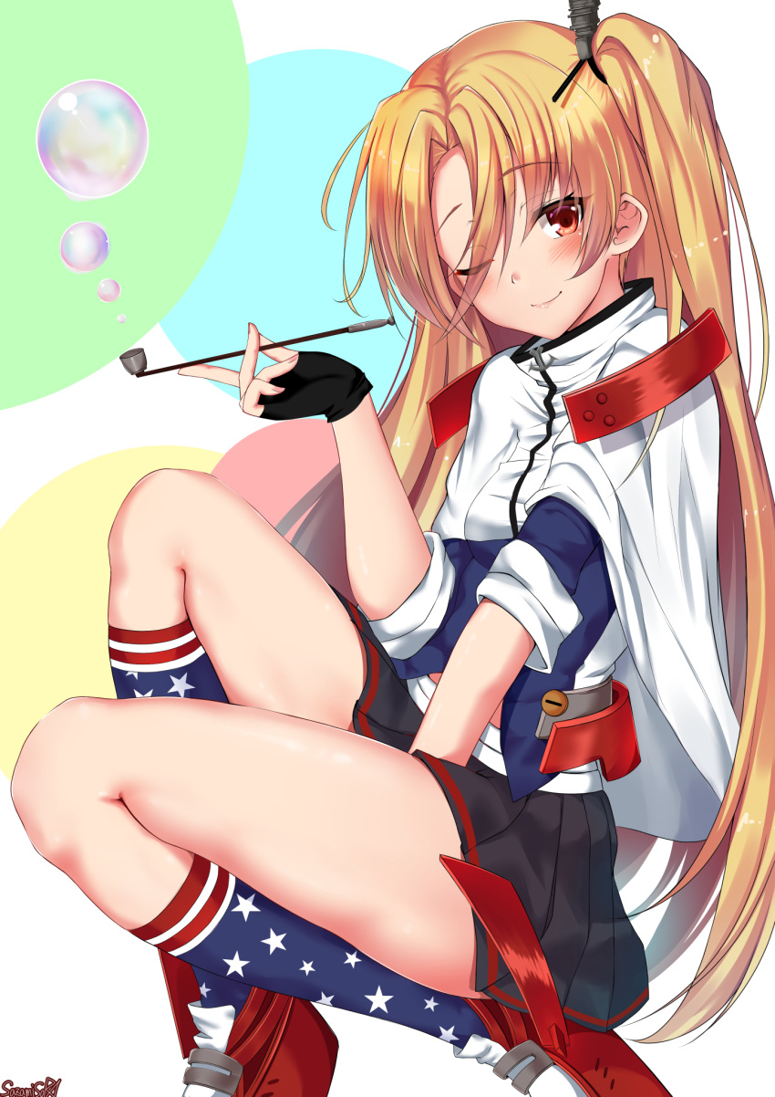 1girl american_flag_legwear anchor artist_name azur_lane bangs black_gloves blonde_hair breasts capelet circle cleveland_(azur_lane) commentary_request eyebrows_visible_through_hair fingerless_gloves gloves highres light_smile multicolored multicolored_clothes multicolored_legwear one_eye_closed one_side_up parted_bangs pipe ponytail red_eyes sazamiso_rx small_breasts star star_print thighs white_capelet
