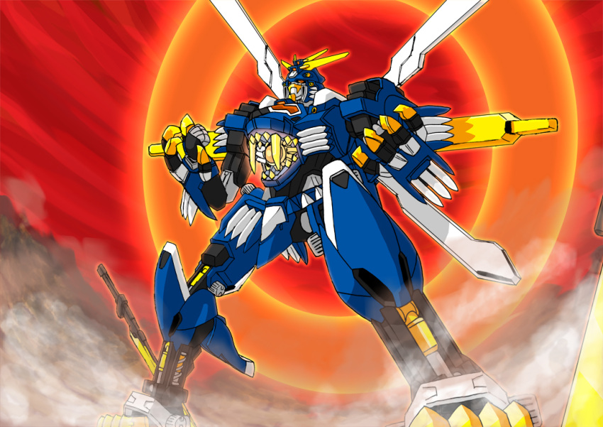 aura blade_liger claws crossover fangs fighting_stance fusion g_gundam glowing glowing_eyes god_gundam gundam humanoid_robot kevinayama lion mecha mechanization no_humans open_mouth roaring solo super_robot sword tagme teeth weapon zoids zoids_chaotic_century