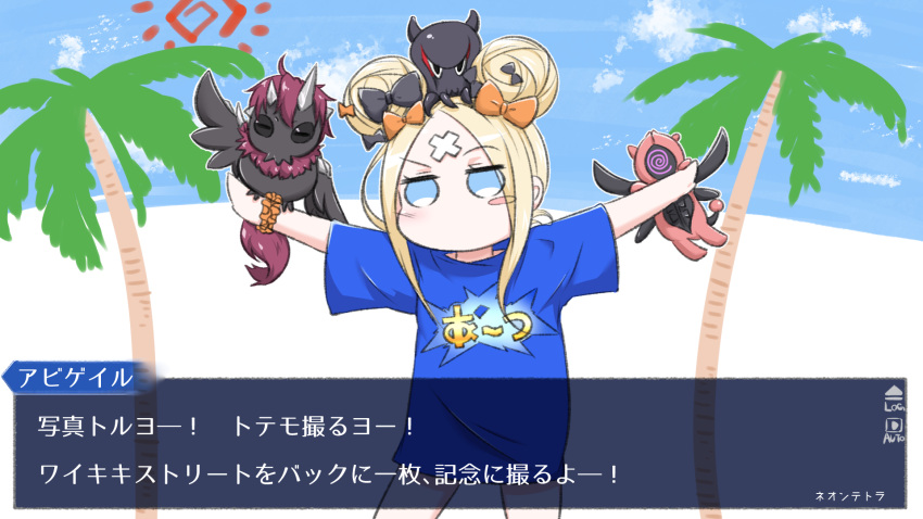 1girl abigail_williams_(fate/grand_order) arts_shirt beach blonde_hair blue_eyes blue_shirt blue_sky blush blush_stickers clouds commentary_request day double_bun fate/grand_order fate_(series) head_tilt highres long_hair looking_at_viewer neon-tetora outdoors outstretched_arms palm_tree sand shirt short_sleeves side_bun sidelocks sky solo spread_arms standing sun_(symbol) t-shirt translated tree wide_sleeves