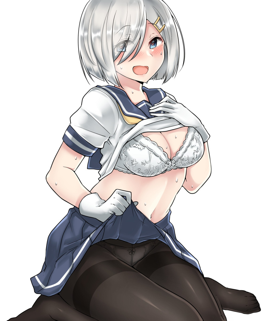 1girl absurdres blue_eyes blue_skirt blush breasts cleavage gloves hair_ornament hair_over_one_eye hairclip hamakaze_(kantai_collection) heart heart-shaped_pupils highres kantai_collection kiritto large_breasts looking_at_viewer midriff navel open_mouth panties pantyhose pleated_skirt sailor_collar school_uniform self_exposure serafuku shirt_lift shirt_pull short_hair short_sleeves silver_hair simple_background sitting skirt skirt_pull solo striped striped_skirt symbol-shaped_pupils thighband_pantyhose underwear wariza wet white_background white_gloves white_panties